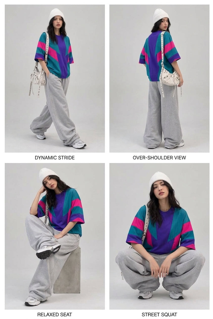 Ch 6124 Retro 80s Vibe Mid-Season Drop Oversized T-Shirt Wide-Leg Pants