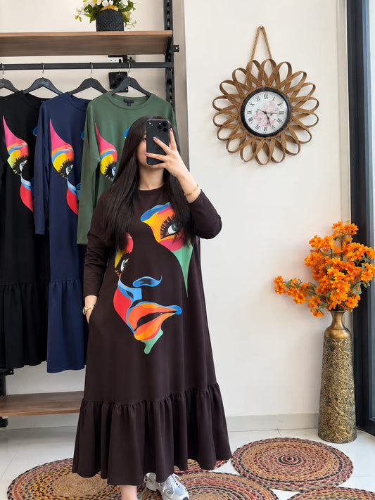 CH 6148 |Chakoor| Pop Art Face Print Ruffle Maxi Dress