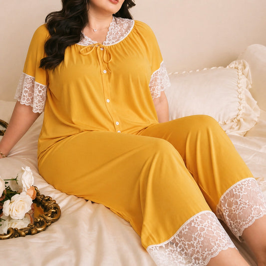 Women's nightwear set with delicate lace embroidery and front button detailing in a soft breathable fabric 02