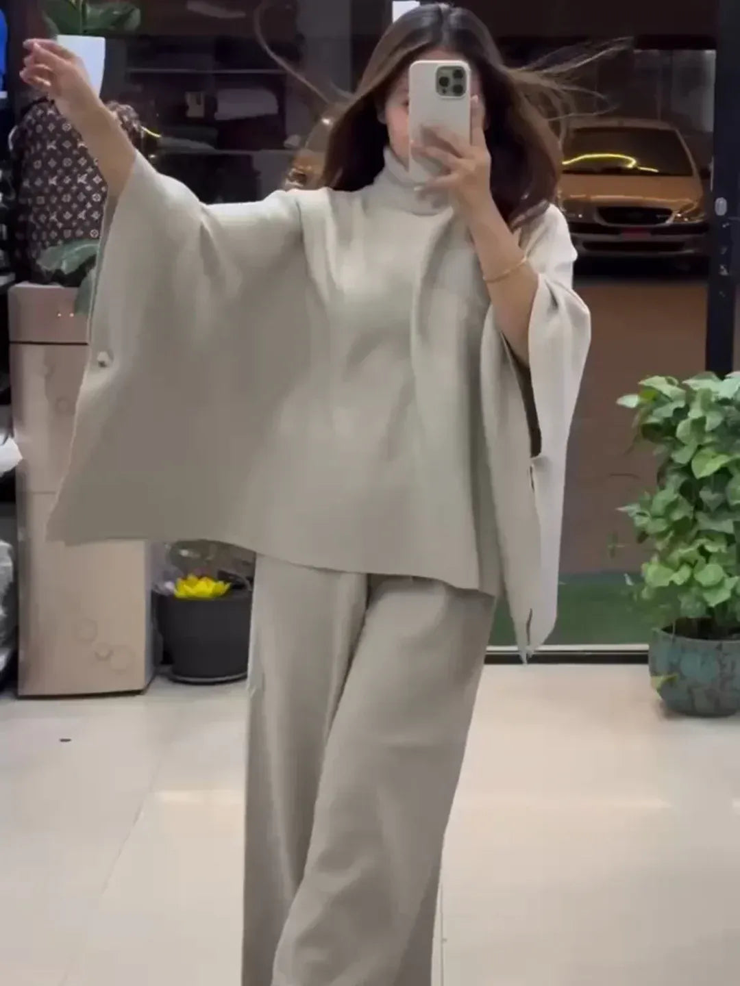 Ch 528 Chakoor Poncho flare top with trouser winter fleece Co-Ord Set