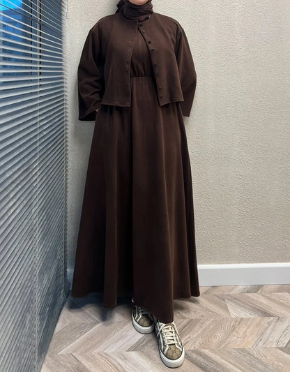 CH 608 - 2 Pcs Winter Outfit Long Frock With Upper Fleece Jacket - CHAKOOR