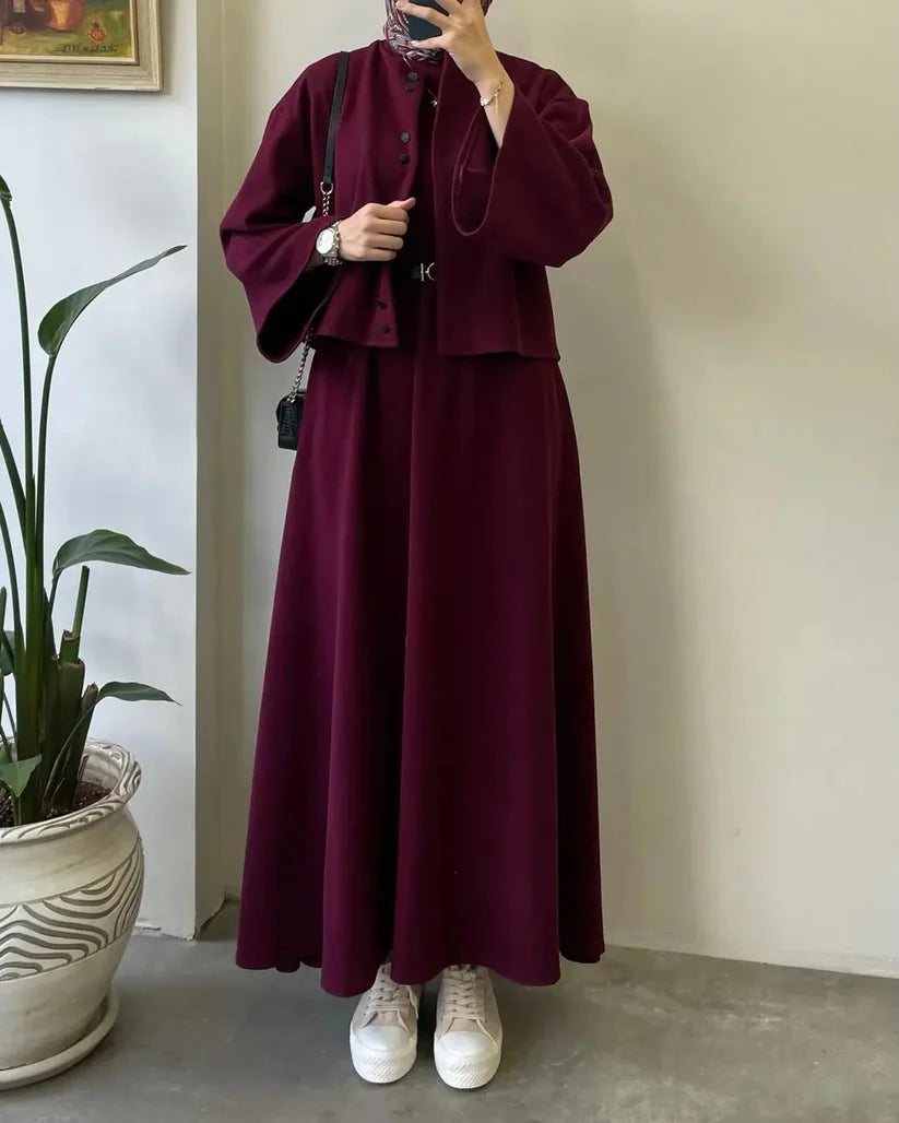 CH 608 - 2 Pcs Winter Outfit Long Frock With Upper Fleece Jacket - CHAKOOR