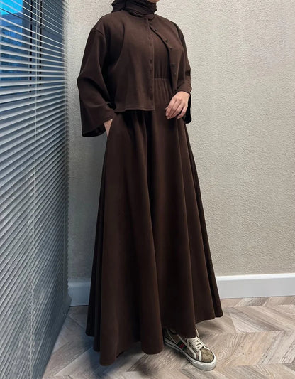 CH 608 - 2 Pcs Winter Outfit Long Frock With Upper Fleece Jacket - CHAKOOR