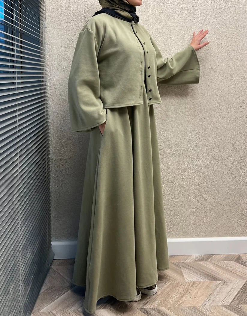 CH 608 - 2 Pcs Winter Outfit Long Frock With Upper Fleece Jacket - CHAKOOR