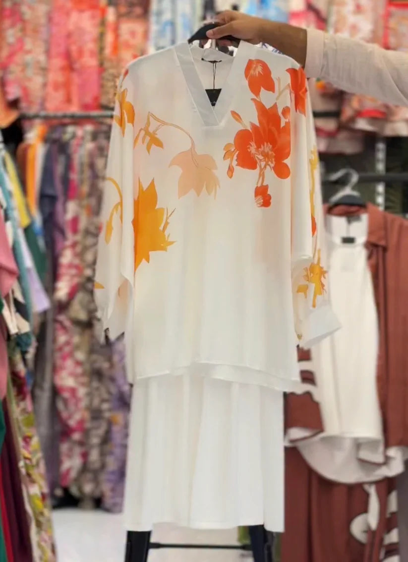 Women floral printed kurta set, summer lawn outfit for women, loose fit long shirt with matching trousers, casual eastern wear, stylish two piece dress, trendy daily wear outfit 05