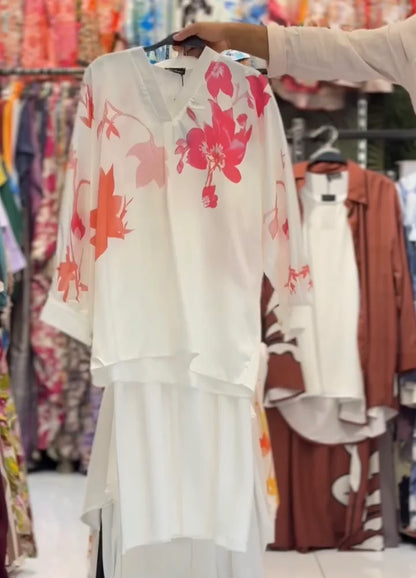 Women floral printed kurta set, summer lawn outfit for women, loose fit long shirt with matching trousers, casual eastern wear, stylish two piece dress, trendy daily wear outfit 06