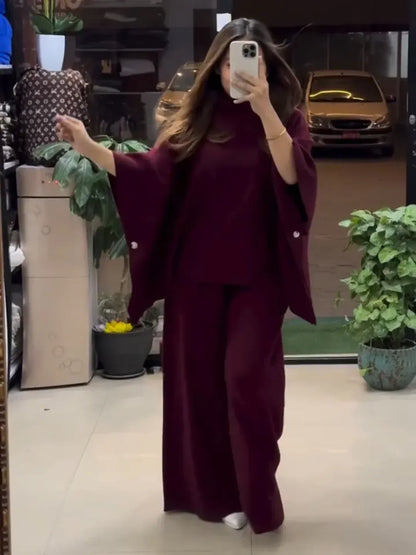 Ch 528 Chakoor Poncho flare top with trouser winter fleece Co-Ord Set