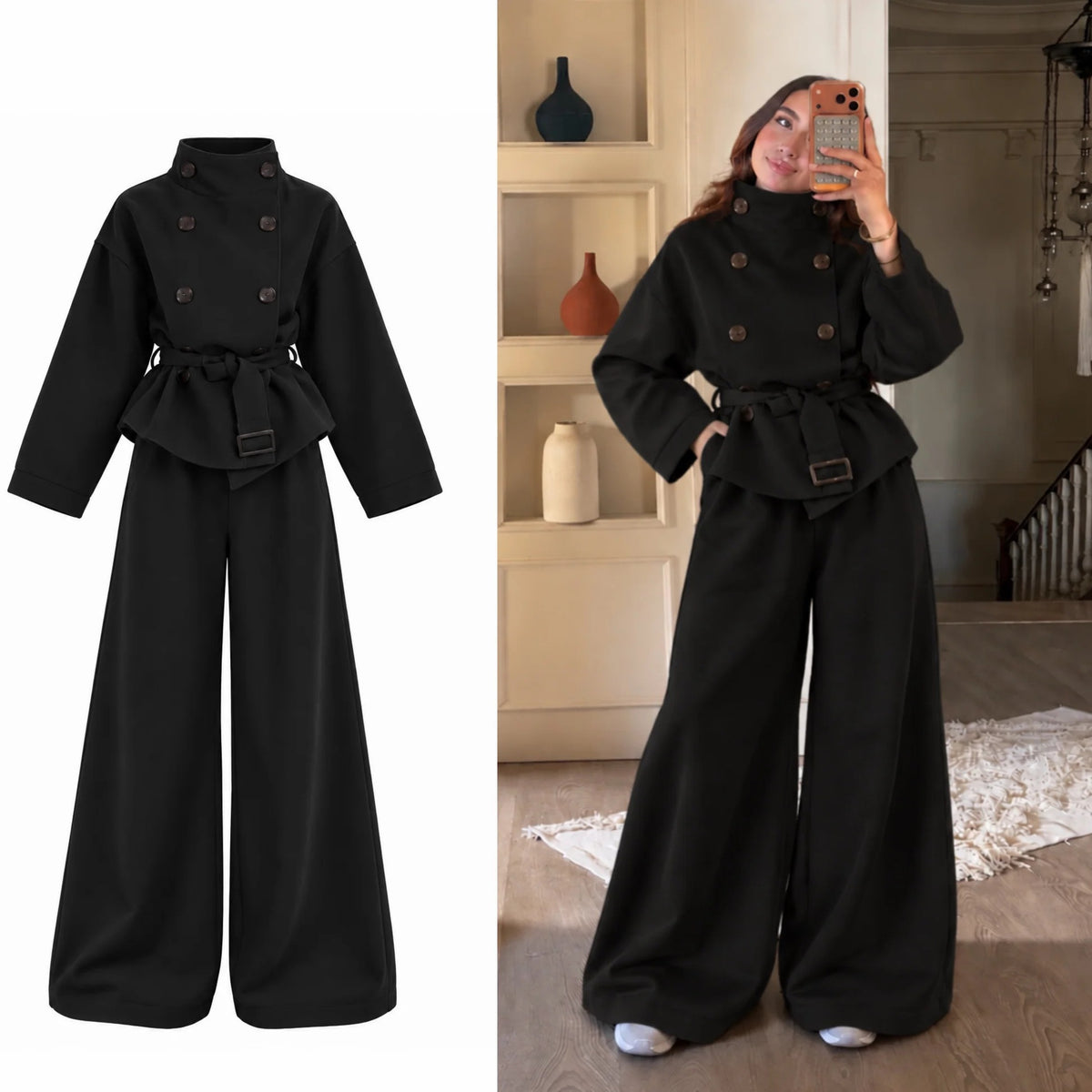 CH 6149 |Chakoor| Button-Front Belted Fleece Co-Ord Set
