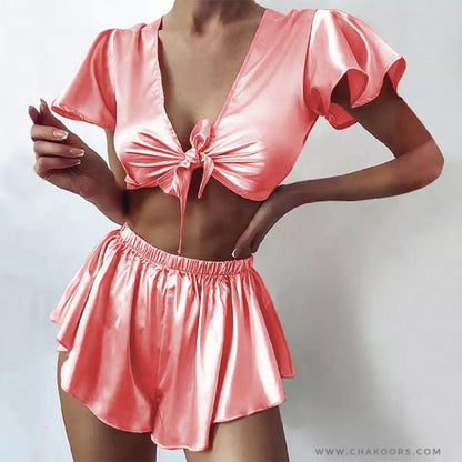 Chakoor silk imitation front knot shirt with elastic boxer sleepwear set CHK # p39